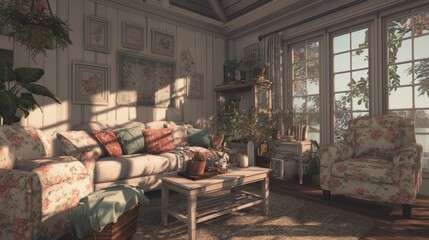 Cozy and quiet living space featuring peaceful floral tones and cushy