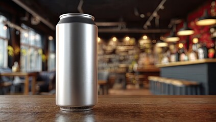Silver aluminum can on wooden table, blurred bar background