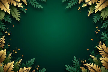 Green background with gold and green fern leaves and small golden floral accents arranged around the edges