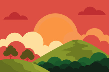 Fototapeta premium Sunset With Warm Clouds Over Tea Plantation Hill