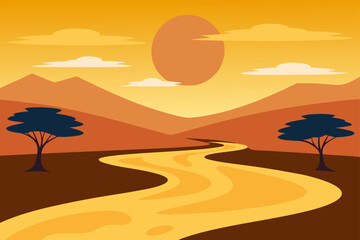 Tranquil River Through Savanna with Golden Sky