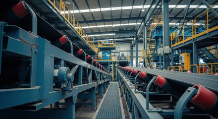 A view of long conveyor belts with red rollers in a large industrial facility with metal beams and platforms