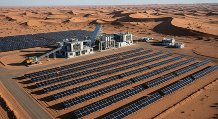 Obraz premium Aerial view of solar panel installation in desert environment with buildings and sand dunes visible