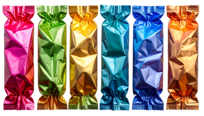 Crinkled candy wrapper with vibrant colors and shiny texture, isolated on a transparent PNG background