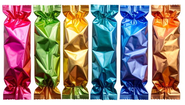 Crinkled candy wrapper with vibrant colors and shiny texture, isolated on a transparent PNG background