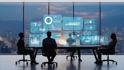 Business team meeting with interactive data displays showcasing financial analysis and growth strategy with a stunning cityscape backdrop. - Powered by Adobe