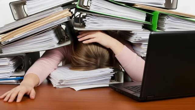 An overwhelmed office worker buried in stacks of paperwork with a laptop, looking stressed