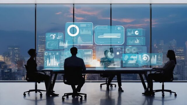 Business team meeting with interactive data displays showcasing financial analysis and growth strategy with a stunning cityscape backdrop.