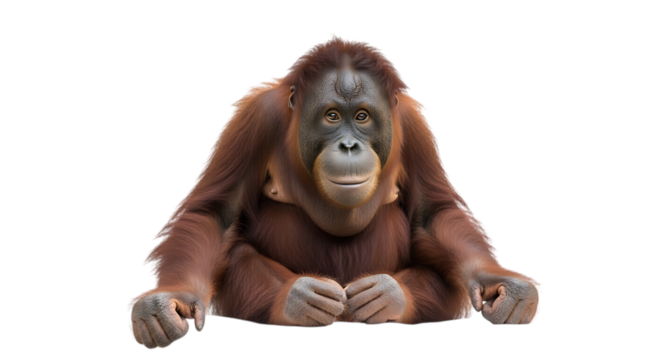 Orangutan sitting looking forward isolated on transparent background