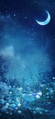 Fototapeta premium A dreamlike painting of a night sky with a crescent moon and scattered stars, illuminating a field of delicate blue and white flowers and tall grasses, creating a serene atmosphere.