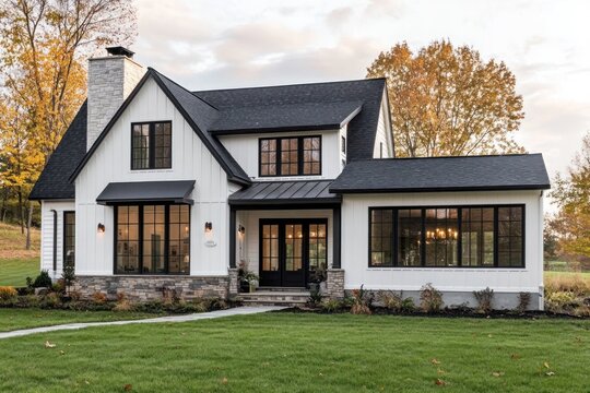 Modern farmhouse design, white walls, dark roof, black trim, and stone foundation