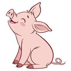 Fototapeta premium Cute piglet sitting, pink skin, ears perked, isolated on white background, farm animal pose