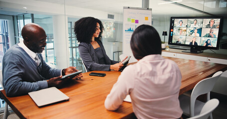 Boardroom, colleagues and group with tech, video call and communication with clients for investment. Business, meeting and people with tablet for virtual conference, discussion and pitch of proposal