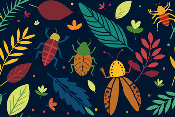 Biodiverse Pattern Of Insects And Leaves In Dark Tones