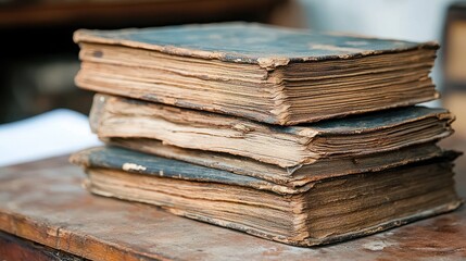 Vintage Books Stacked on a Rustic Table with Worn Pages and Distressed Covers