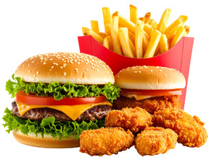 Classic American Fast Food Combo Set with Burger, Fries, and Nuggets, Front View, Transparent PNG