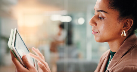 Office, business woman and tablet screen with graphs for investment analysis or risk assessment. Tech, reading and worker with data for financial forecast, review KPI and scroll for cost projection