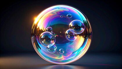 Giant Soap Bubble with Iridescent Colors  Smaller Bubbles with Dark Background.
