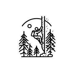 Illustration of a person climbing a tree in a forest with a backpack under a sun in line art style