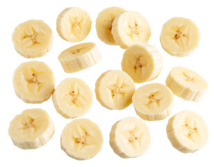  Floating Banana Slices in Mid-Air, Side Scatter Composition, Transparent PNG