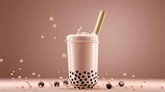 Creamy Bubble Tea Splash with Tapioca Pearls and Straw Mid Air Creating Dynamic and Appetizing Scene Against Soft Brown Background