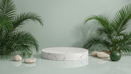 Obraz premium Round white marble podium with palm leaves rocks and green sphere