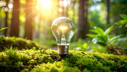 Glowing lightbulb in forest moss with symbolizing renewable energy, and sustainable future.