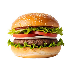Delicious sesame seed bun hamburger with fresh toppings.