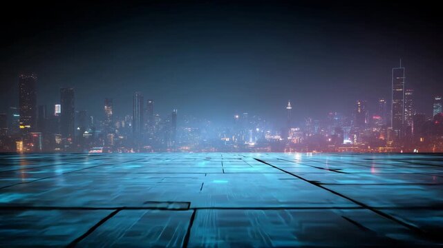 Cityscape from a Modern Tech Deck A futuristic urban backdrop for design, offering a high-tech perspective
