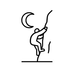 Illustration of a person climbing a rock face under a crescent moon in a minimalist black outline style