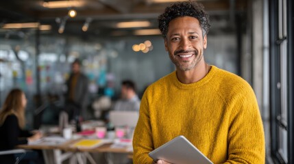 Portrait of biracial businessman smiling at camera, wearing yellow sweater,