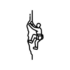 A person climbing a rock face with safety equipment in a line drawing style on a white background