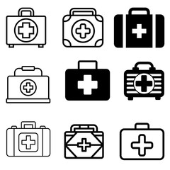 First aid icon set with editable stroke. Includes medical symbols like first aid kits and emergency elements, perfect for healthcare designs.