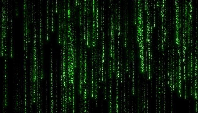 Green digital code cascading down black background