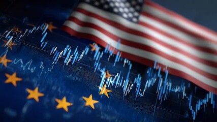 Two flags, one with the European Union flag and another featuring an American five-pointed star design, placed next to each other on top of stock market charts against a blue background, - Powered by Adobe