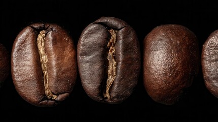 Close-up view of coffee beans arranged in a row.