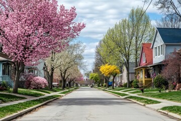middle-class American neighborhood in full spring bloom, calm and clean