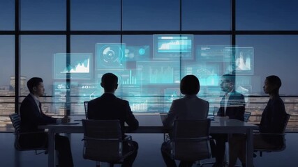 Business team analyzes financial data at a conference table with holographic charts in a modern office overlooking a city skyline at night. - Powered by Adobe
