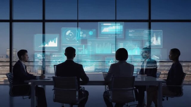Business team analyzes financial data at a conference table with holographic charts in a modern office overlooking a city skyline at night. - Powered by Adobe