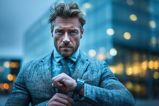 Confident businessman in a suit checking time on smartwatch, standing in modern urban setting, ideal for business, technology, leadership, and professional lifestyle themes - Powered by Adobe