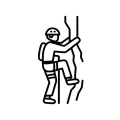 A person climbing a rock with safety gear including a helmet and backpack in a black and white line drawing
