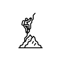 Illustration of a climber with a backpack ascending a jagged mountain peak in a line art style
