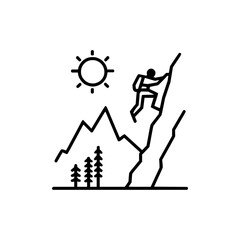 Person climbing a mountain with trees and sun in a minimalist line art style black and white image