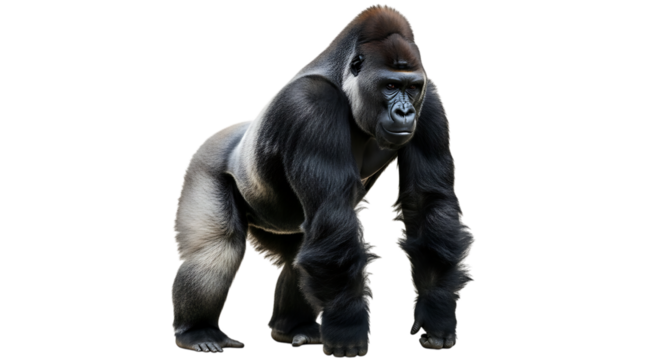 Majestic silverback gorilla standing proudly isolated on transparent background