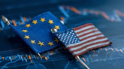
Two flags, one with the European Union flag and another featuring an American five-pointed star design, placed next to each other on top of stock market charts against a blue background, - Powered by Adobe