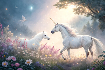 Fototapeta premium Ethereal white unicorn surrounded by flowers in whimsical fantasy mist