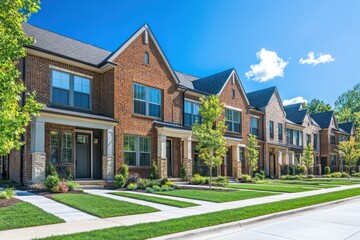 Obraz premium luxury townhomes with brick and stone facades under bright summer sunlight