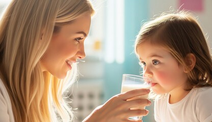 mother giving milk to her daughter