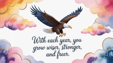 Celebrate growth and freedom with this vibrant birthday greeting card featuring an eagle and colorful, whimsical clouds. Healthy Aging Month