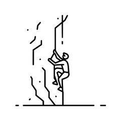 Person climbing a rock wall with visible grips and a horizontal line at the bottom in black and white